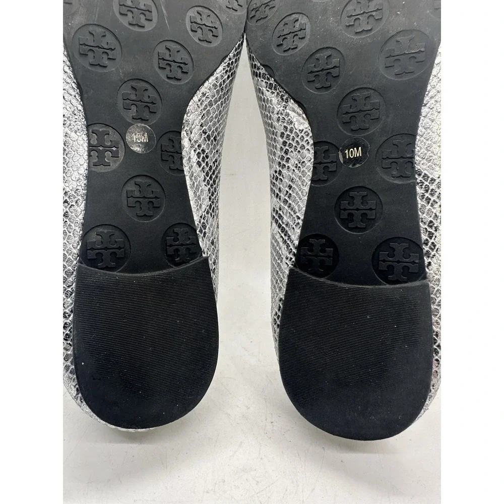 Tory Burch Reva Ballet Flats Silver Metallic Snake Embossed Leather Size 10M